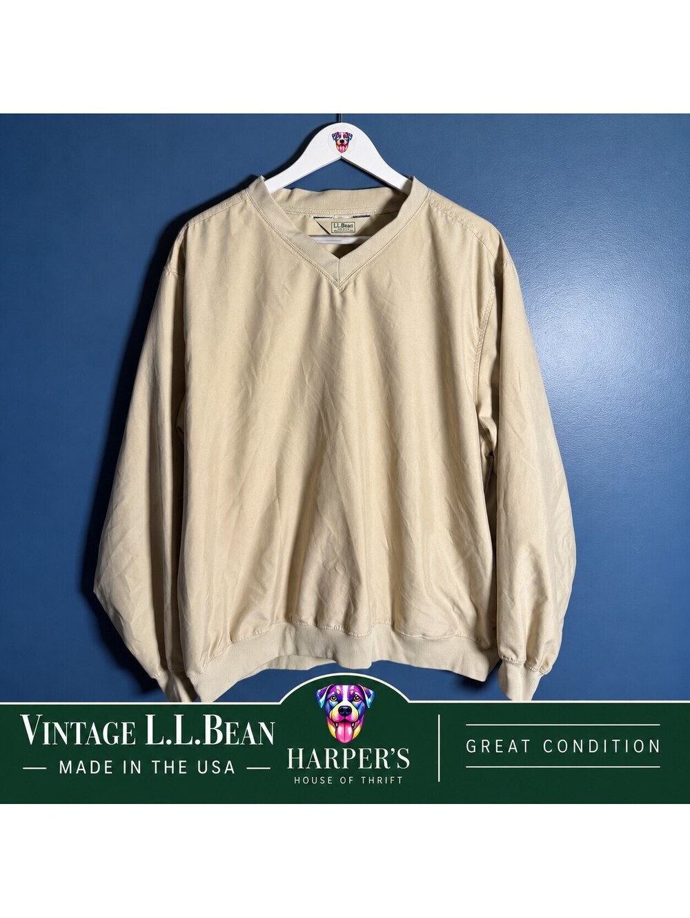 Vintage L.L.Bean Men's Wind Pullover V-Neck Shirt Tan Size Large Made in USA